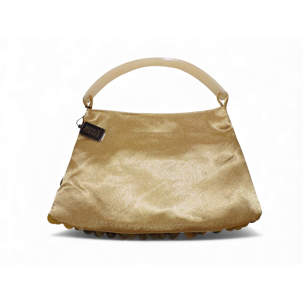 Bijoux Terner Bag Gold Beads Metal Teardrop Decoration Satin Vtg Plastic Handle - Picture 3 of 5
